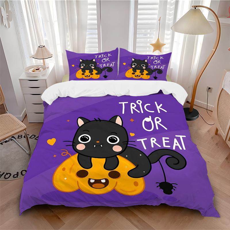 3pcs Trick or Treat Adorable Cat and Pumpkin Quilt Cover Set - Soft and Cozy Bedroom, Guest Room and Dorm Decorative Bedding 3-Piece Set 1 Quilt