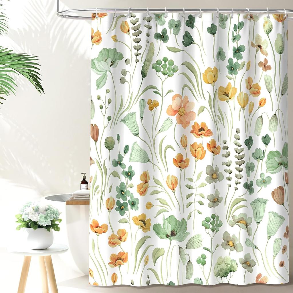 Watercolor Floral Shower Curtain, Flowers Print Spring Bathroom Curtain, Wildflowers Home Décor Machine Washable Bath Curtain