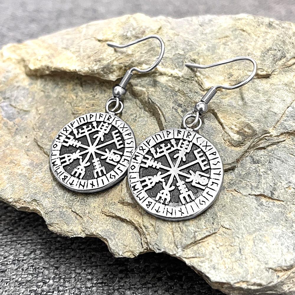 Серьги-подвески Vikings Runes Vegvisir, женские панк-подвески из нержавеющей стали, амулет Norse Futhark, женская подвеска в ухо, винтажные украшения