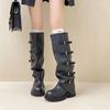 Винтажная пряжка ремня плиссированные кожаные ботинки осенняя мода универсальные ботинки на каблуке женская верхняя одежда ботинки рыцаря из ткани с пайетками ботинки-трубы