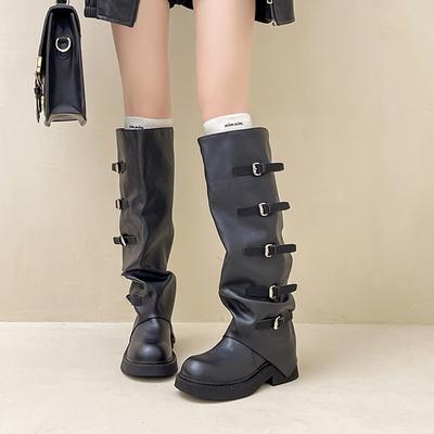 Винтажная пряжка ремня плиссированные кожаные ботинки осенняя мода универсальные ботинки на каблуке женская верхняя одежда ботинки рыцаря из ткани с пайетками ботинки-трубы