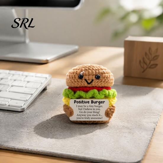 Small Knitted Ornament for Home Decor Handmade Crochet Positive Burger Doll with Encouragement Card, Mini Inspirational Ornament, Healing Gift Friends
