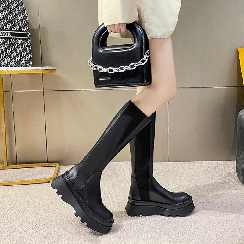 Fashion Women High Boots 2024 Spring Autumn Ladies Fashion Platform Mid Calf PU Leather Slip On Goth Knee Long Boots Black Woman Shoes