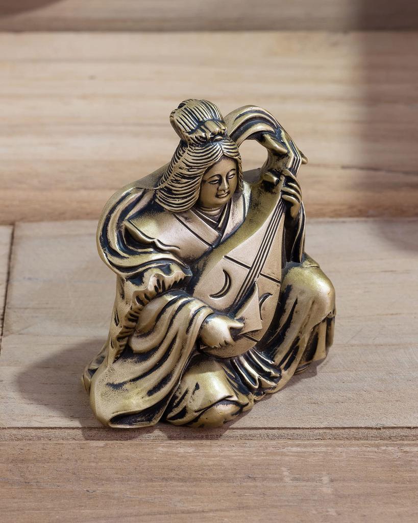 Benzaiten, One of the Seven Lucky Gods, Silky Gold. Sculptor: Makita Shuun. Antique Gold. Buddhist Statue. Takaoka Copperware (Benzaiten 7F).