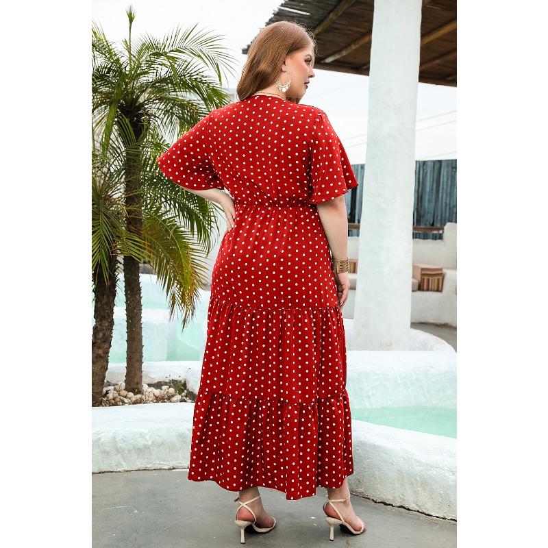 Летнее женское платье больших размеров в горошек, повседневное платье с V-образным вырезом для отпуска, элегантные свободные платья миди