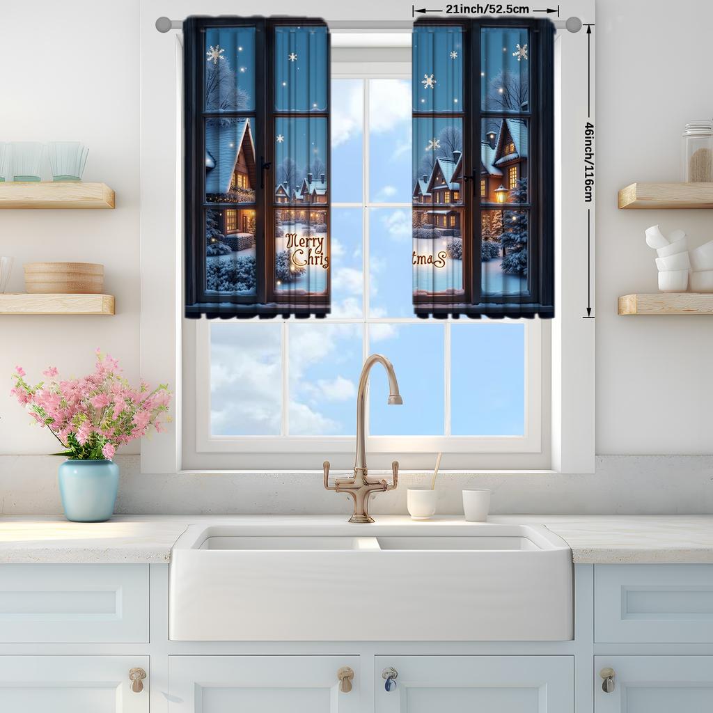 2pcs Winter Night Christmas Printed Curtain for Christmas Home Decor - Rod Pocket Window Treatment for Bedroom  Office  Kitchen