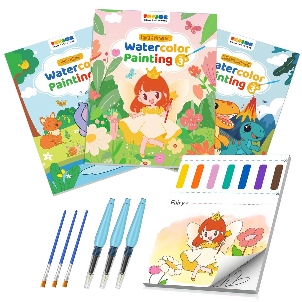 TECJOE Watercolor Coloring Book Set of Thick Watercolor Painting Books with 6 Educational Toy for Birthday Gift Children's 3, (Animals, Sea,