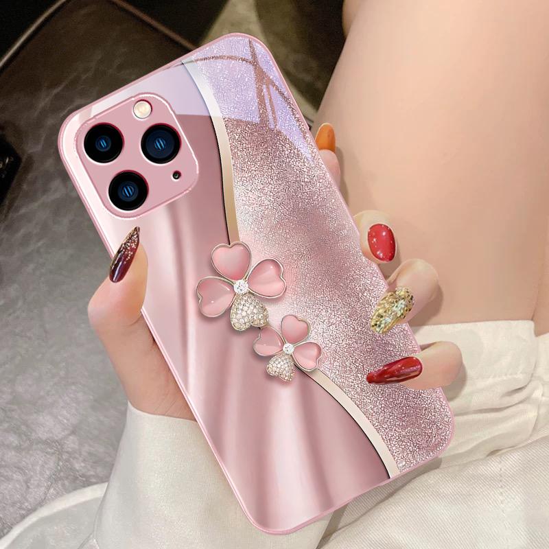 Роскошный чехол для телефона из закаленного стекла с четырехлистным клевером для iPhone 16 Pro Max 15 Pro 14 13 12 Mini 11 XS Max XR 7 8 Plus SE 2022