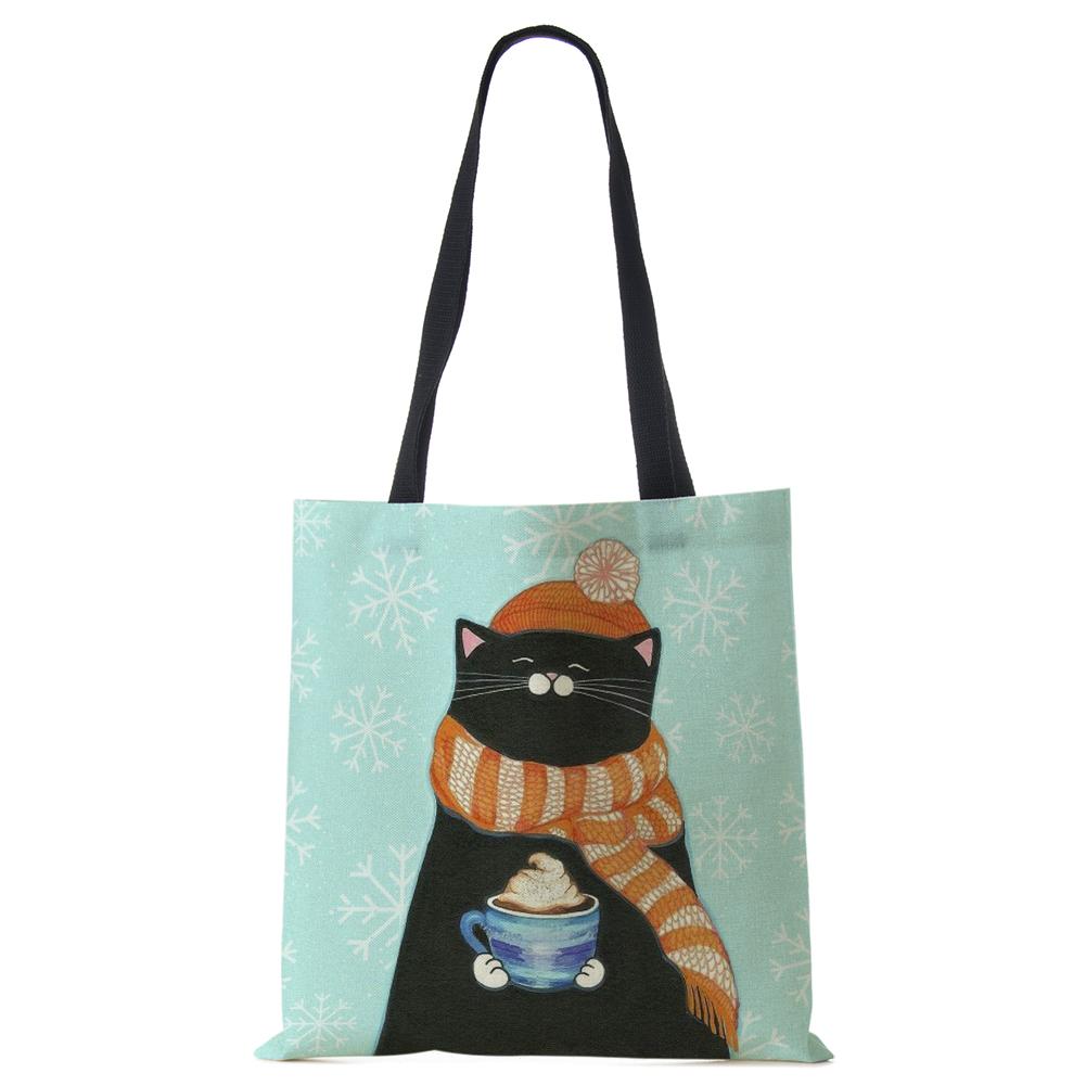 Сумка на плечо повседневная с милым принтом кошки, женская, для покупок, многоразовая, большая вместимость, холщовая, для путешествий, школы, пляжа, тоут-сумка CLE