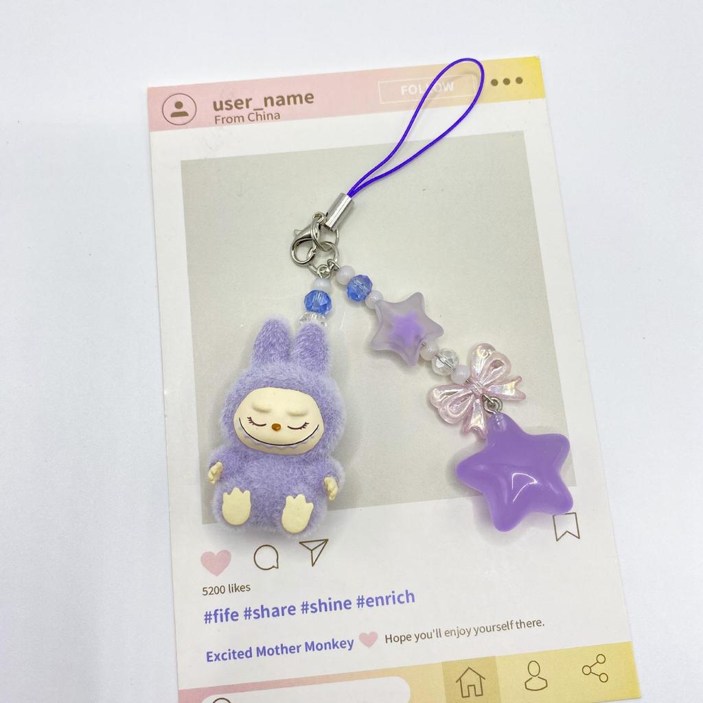 Flocked Labu Labubu Mini Keychain: Cute Grain Stroller Bag & Phone Pendant Ornament