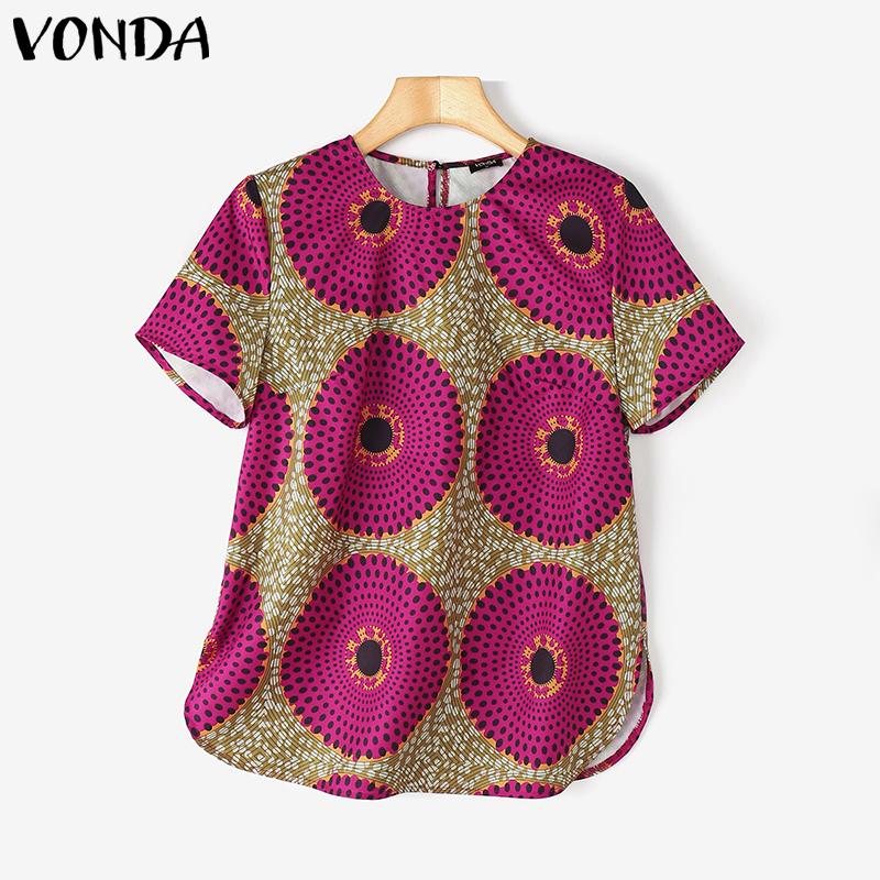 VONDA Summer Women Short Sleeve Print Casual Loose T-shirts Tops