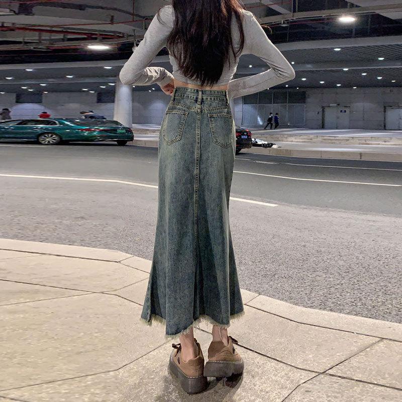 Элегантная женская летняя корейская юбка-трапеция с высокой талией, тонкая юбка-трапеция с необработанным краем, универсальная удобная модная джинсовая юбка-бюстье