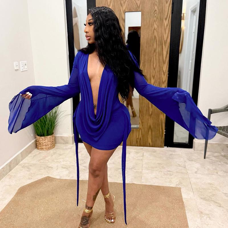 European-American Women's Mesh Ruffle Collar A-line Dress with Open Back