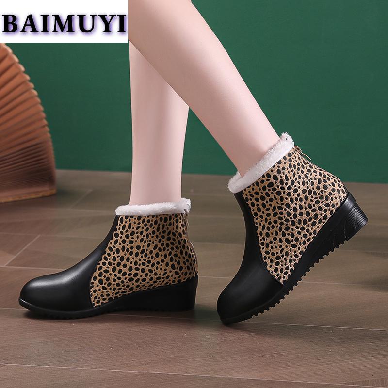Ботинки женские на меховой танкетке с принтом случайная обувь 2025 года трендовые туфли на среднем каблуке теплые кожаные ботинки челси туфли-лодочки на молнии женские ботинки