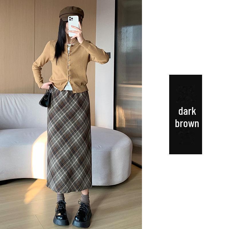 Женская шерстяная клетчатая юбка с высокой талией - узкий А-силуэт средней длины, утолщенная для осени/зимы 2024 г.