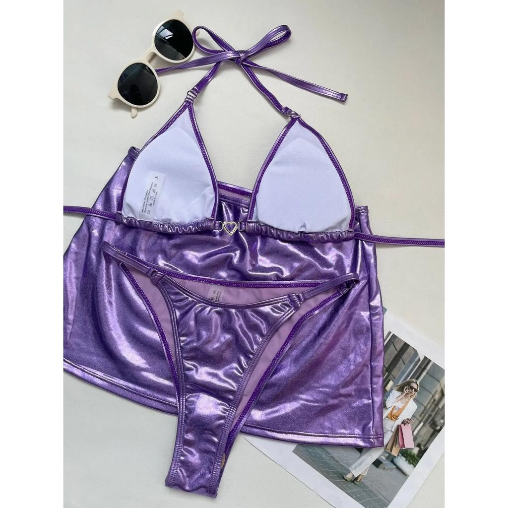 Сексуальные треугольные металлические комплекты бикини из трех предметов с мини-юбкой, купальный костюм, пляжная одежда, женские стринги, бикини, купальники Biquini