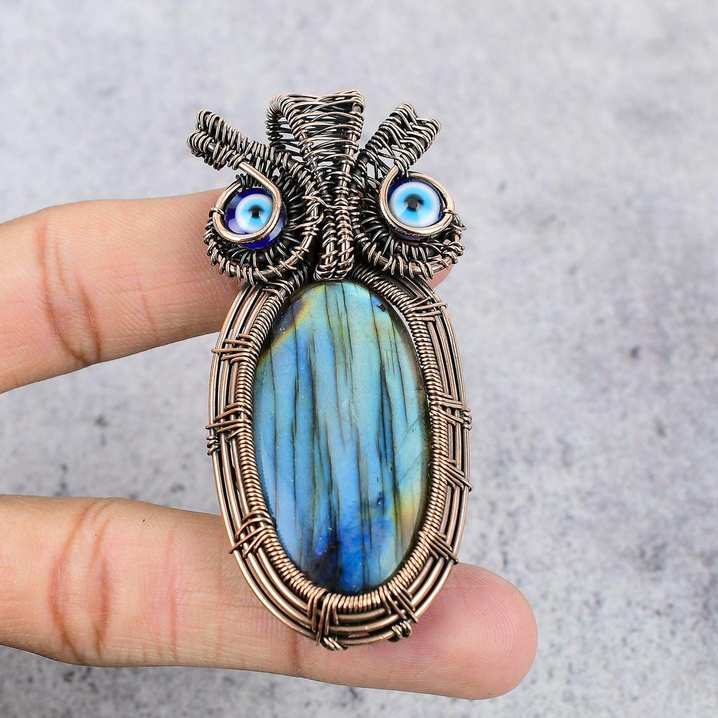 Labradorite & Blue Evil Eye Pendant, Handmade Gemstone 999 Copper Wire Wrapped Pendant Antique Jewelry, For Gift Silver Jewelry
