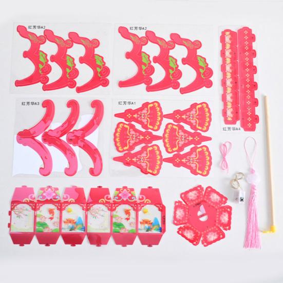 Handmade Chinese Traditional Lantern Kit Handcrafted Handheld 3D Hollow Chinese Palace Lantern with Lotus Tassel for Spring Festival Decoration