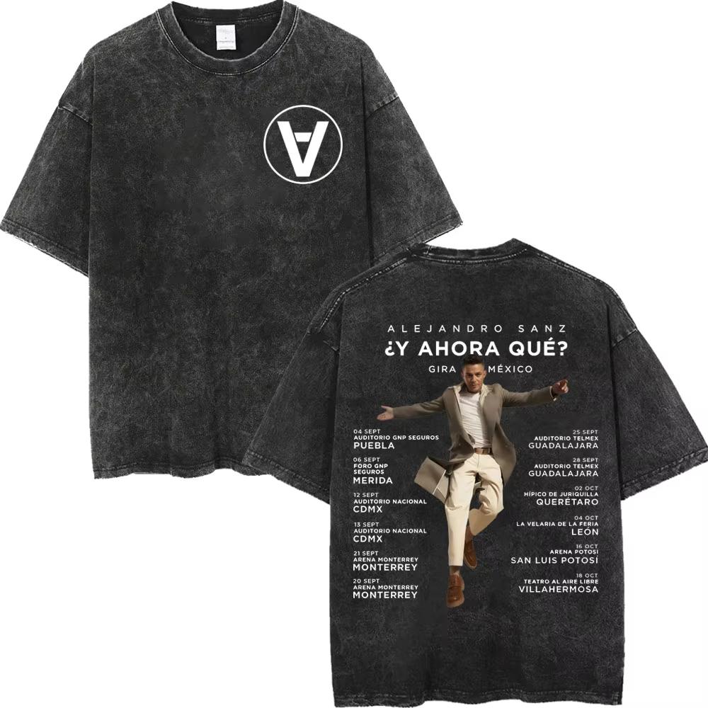 Alejandro Sanz Tour Vintage Washed Tshirt Mens Women Fashion Hip Hop Tshirts Summer Casual Cotton Short Sleeves T Shirts