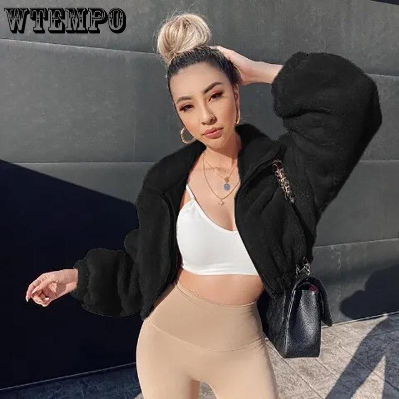 Женские повседневные свободные зимние укороченные топы с воротником-стойкой и длинными рукавами на молнии, черно-белое пальто, женские теплые флисовые короткие куртки