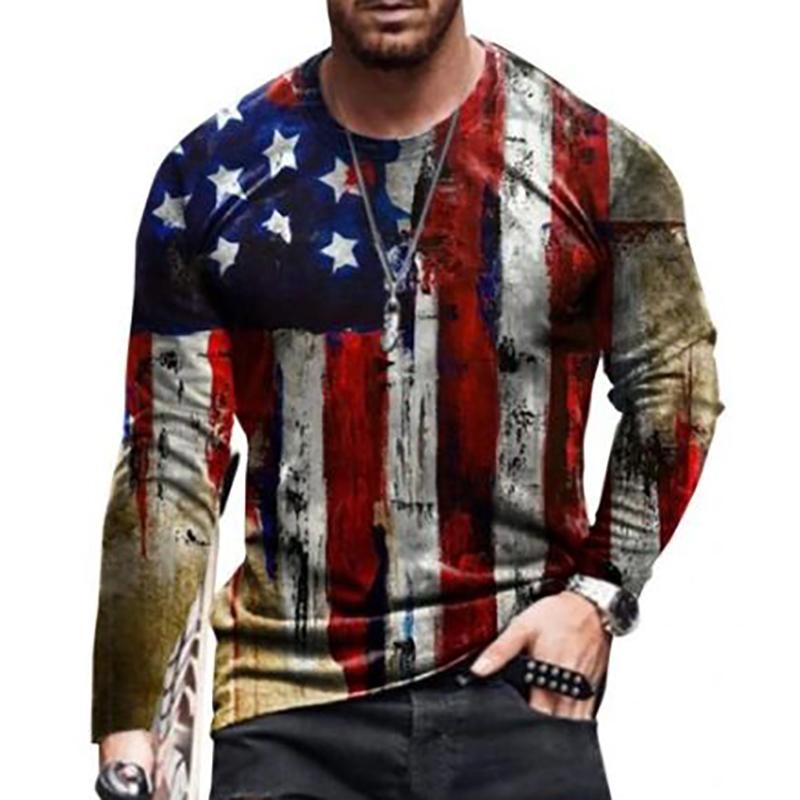 American Flag Print Long-Sleeved Men's T-shirt Spring Autumn Loose Tops Casual Fashion All-Match O-Neck Men Clothing 5XL EU Size