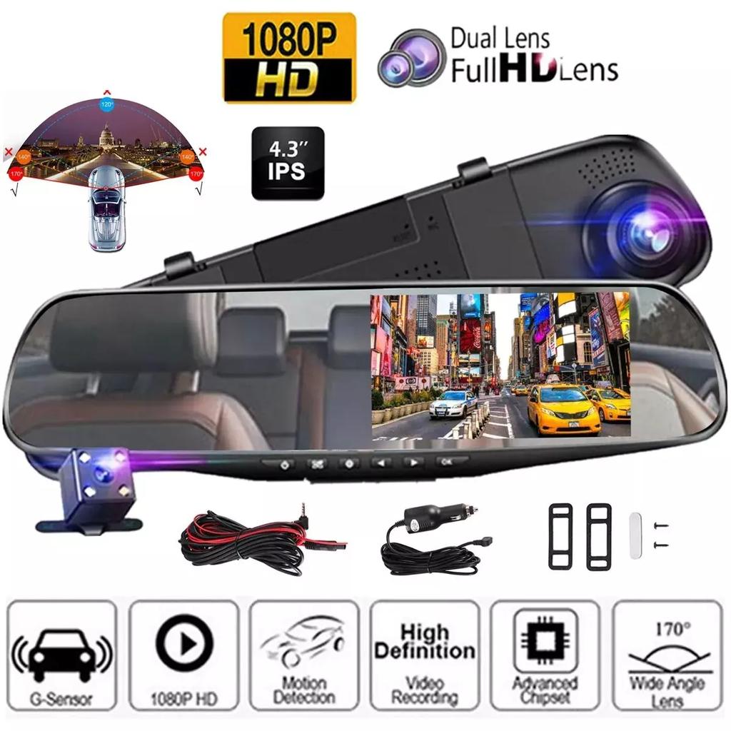 4,3-дюймовый автомобильный видеорегистратор с зеркалом заднего вида, видеорегистратор с передним и задним одинарным и двойным объективом, циклическая запись, камера 1080p с реверсом
