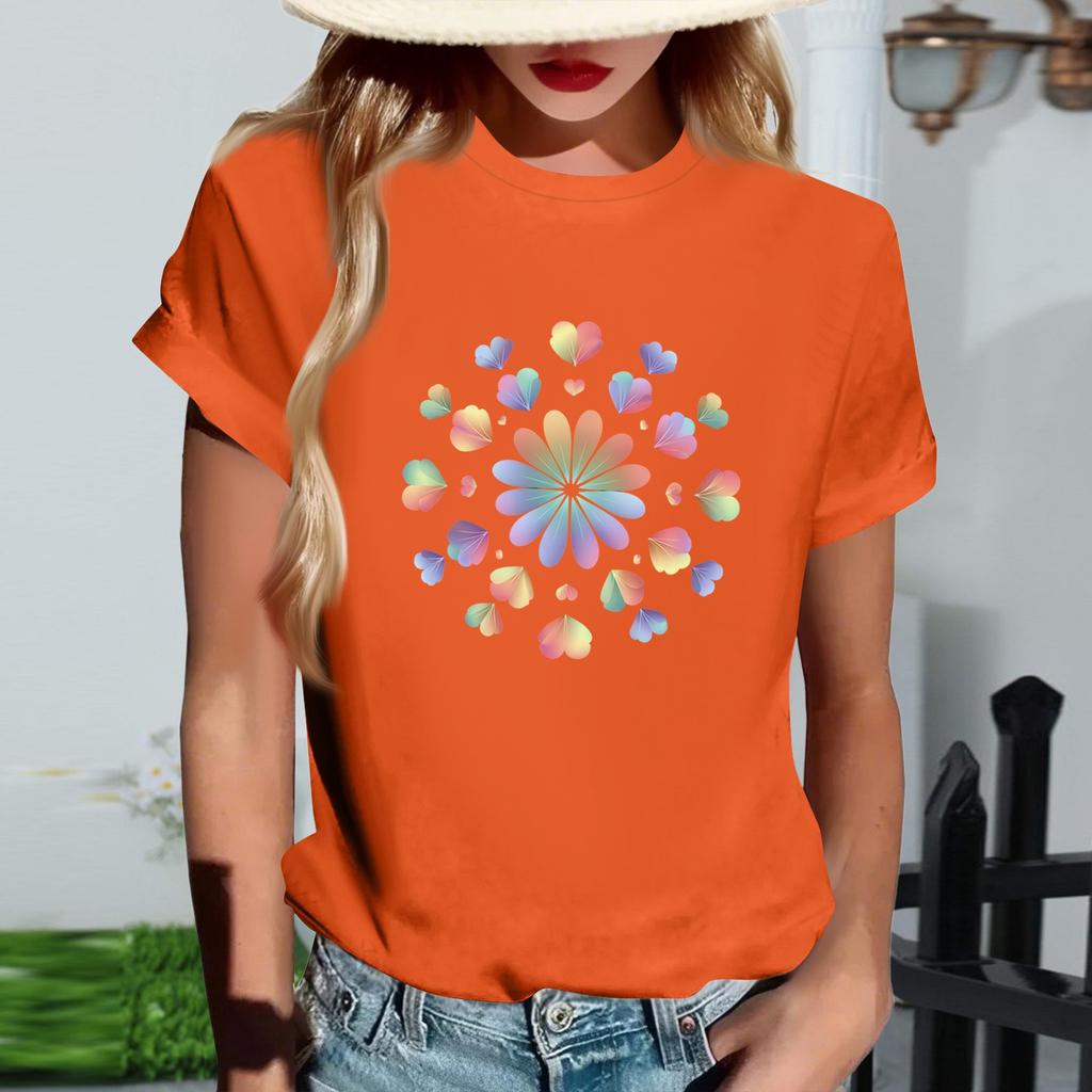 Women's Fashionable Round Neck Casual Retro Print Short Sleeved T-shirt Top