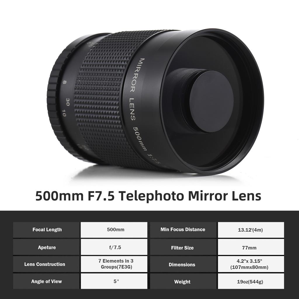 Телеобъектив с зеркальным зеркалом 500 мм F/7,5, сменное Т-образное крепление для Canon Nikon Sony Fujifilm Olympus