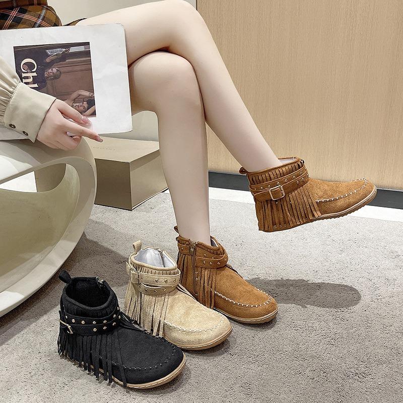 Women Autumn Flat Heel Ankle Boots Retro Suede Tassel Woman Boots Fashion Round Toe Soft Sole Femmes Casual Shoes Plus Size 43