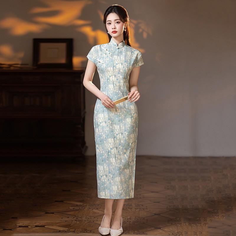 Womens Modern Chinese-Inspired Long Cheongsam Dress With Stand Collar Design Lightweight Stretch Fabric 2026