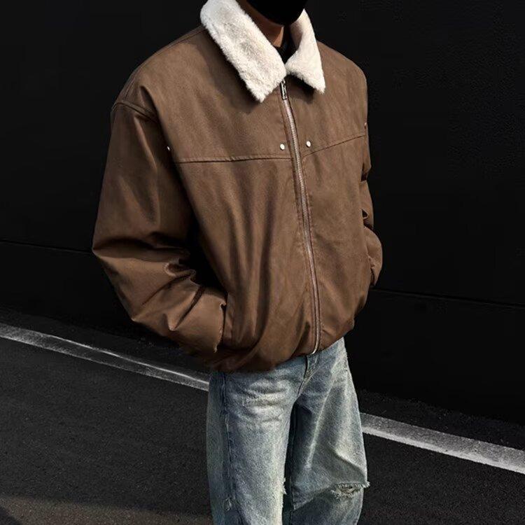 Мужской ретро-цельный пальто из шерсти ягненка тай-дай с бархатной подкладкой, отложным воротником и кожаными акцентами