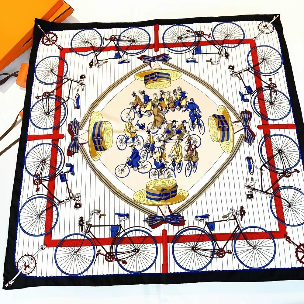 990CM Hand-Rolled Edge Bike And Hat Printed Square Scarf Sun Protection Twill Silk Shawl Women Luxury Handmade Curled Headscarf