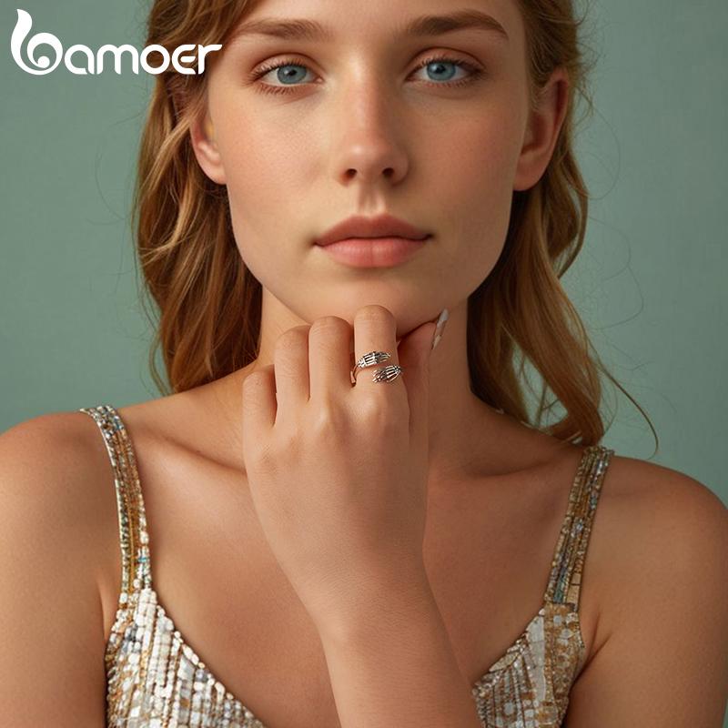 BAMOER 925 пробы стерлингового серебра кольцо для женщин объятия руки ювелирные изделия череп открытое кольцо винтажное окисленное серебро простота кольцо подарок