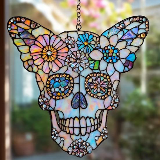 Colorful Skull Suncatcher Sun Catcher Skull Light Trap Window Hanging Decoration with Rhinestones Flowers Butterflies Unique Gothic Boho Decor Gift