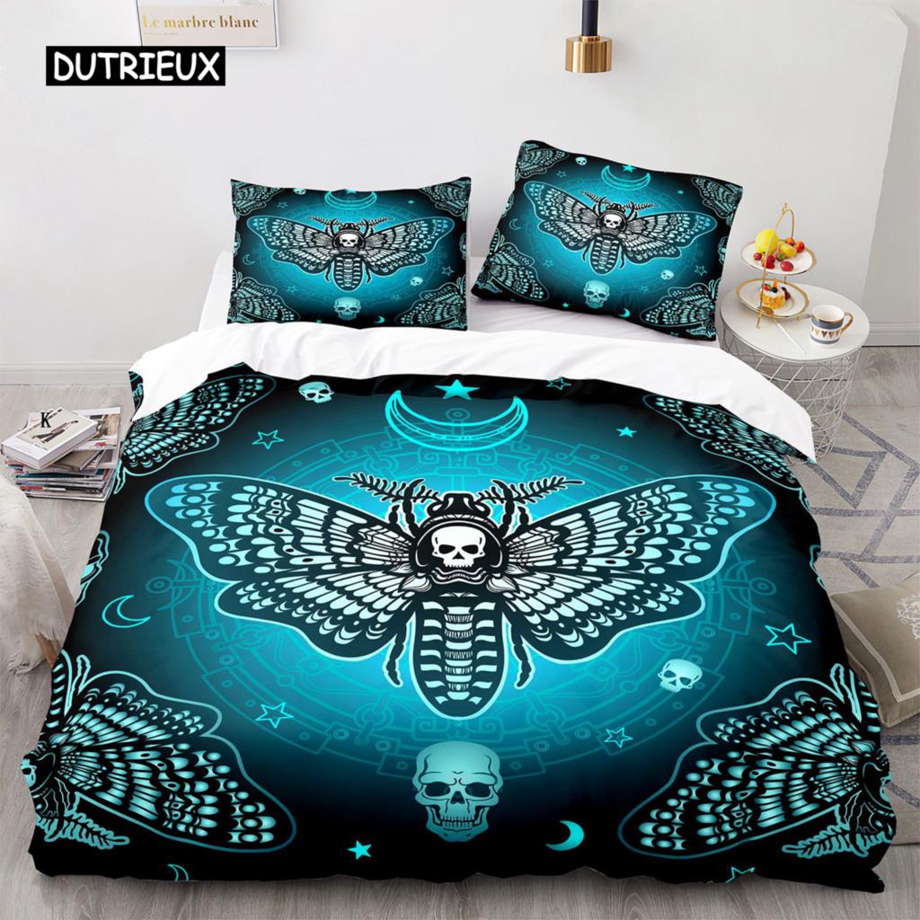 Комплект постельного белья Death Moth Queen Size Gothic Skull Boho, комплект постельного белья с черно-белым декоративным рисунком скелета