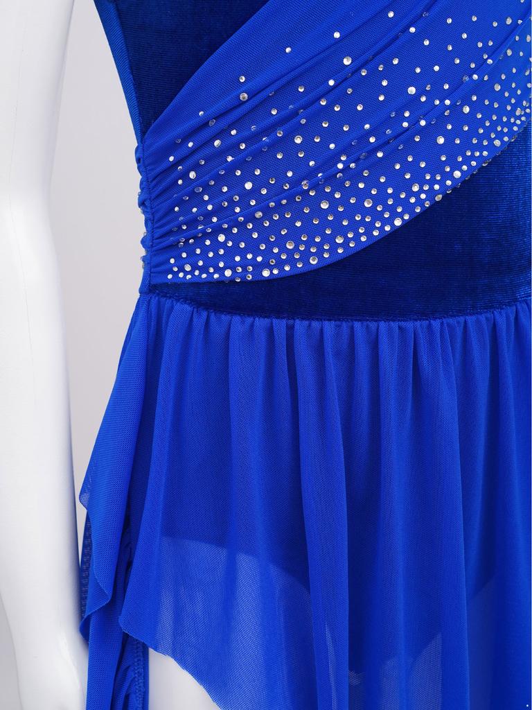 Платье для девочек с кружевной вставкой, сборчатой сетчатой накладкой, асимметричным подолом и сверкающими стразами, костюм для лирического танца