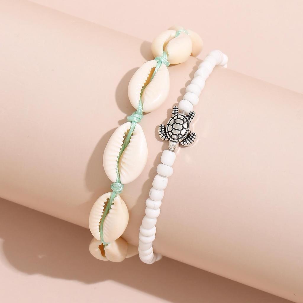 Anklet Beaded Shell Bohemian Set Handmade Twopiece Knotted Style