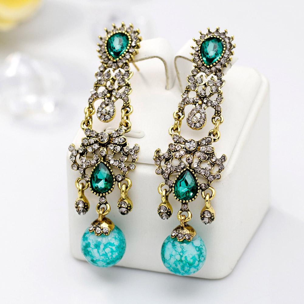 Fashionable Women Girl Long Rhinestone Pendant Earrings Decoration Jewelry Accessory (Green)