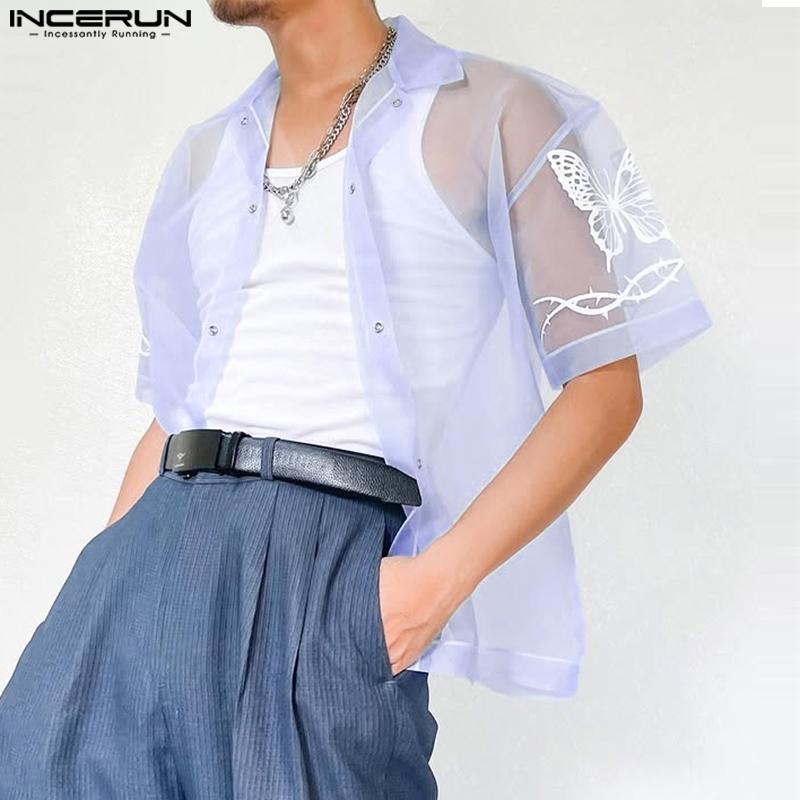 INCERUN Мужские летние футболки с коротким рукавом из сетки и блестками для пляжа