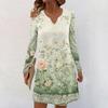 Women's Long-sleeved Casual Midi Dresses V-Neck Print  Casual Dress