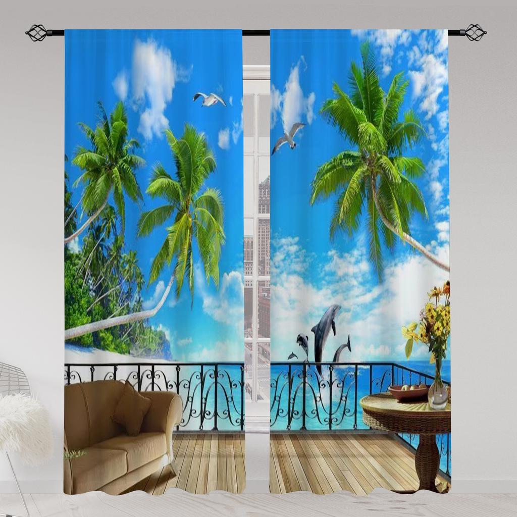 2pcs Landscape Seaside Coconut Tree Blue Sky White Cloud Printed Translucent Curtain Multi-scene Polyester Rod Pocket Decorative