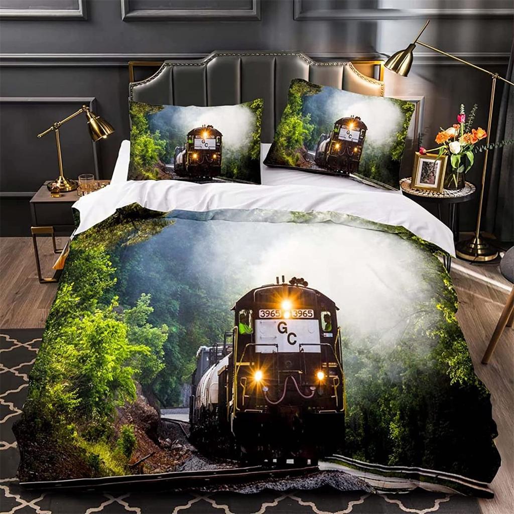 Красно-серый паровой двигатель пододеяльник локомотив красно-черный поезд на стальных железнодорожных путях путешествие приключения графическое украшение спальни