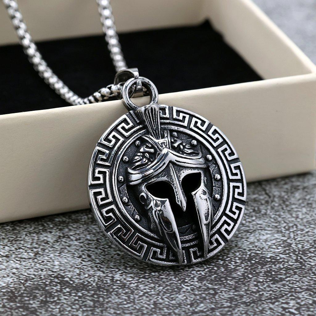 Antique Spartan Warrior Mask Stainless Steel Mens Pendant Necklace Single Sided Design