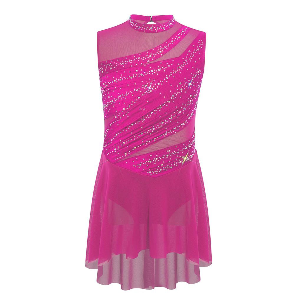 Девочки Сетчатое Пэчворк Без Рукавов Вырез на Спине Складки Асимметричный Подол Блестящий Стразы Платье Для Танцевального Выступления