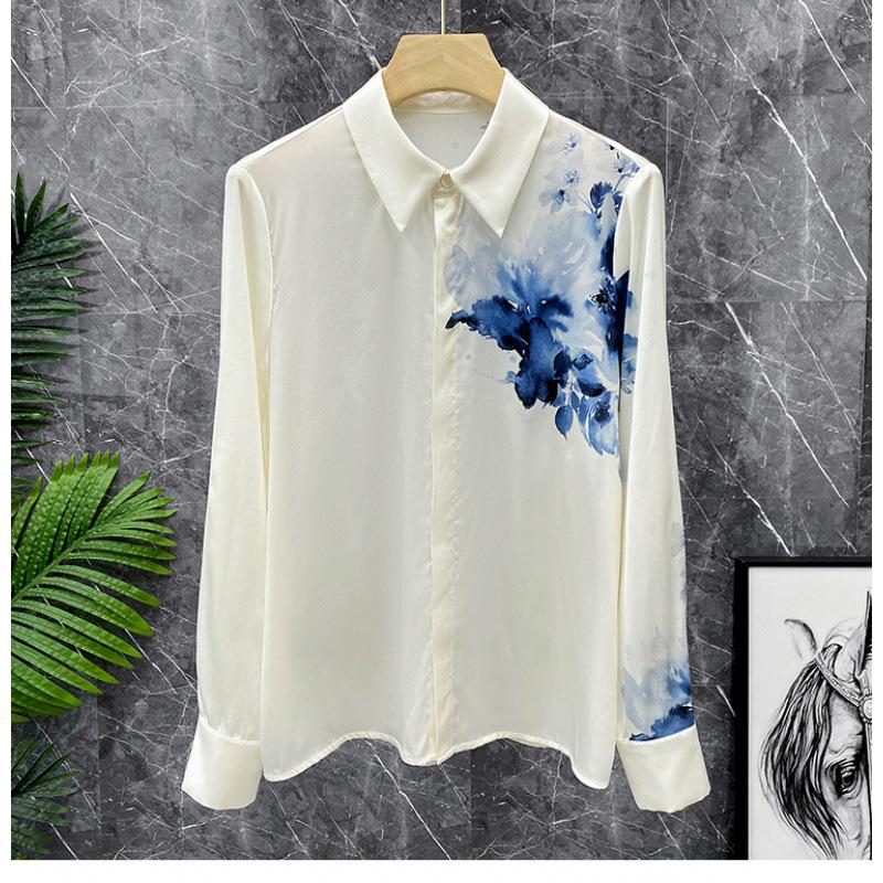 2024 Artistic Ink Wash Oil Print Satin Shirt: Long-Sleeved, Fashionable Temperament Top