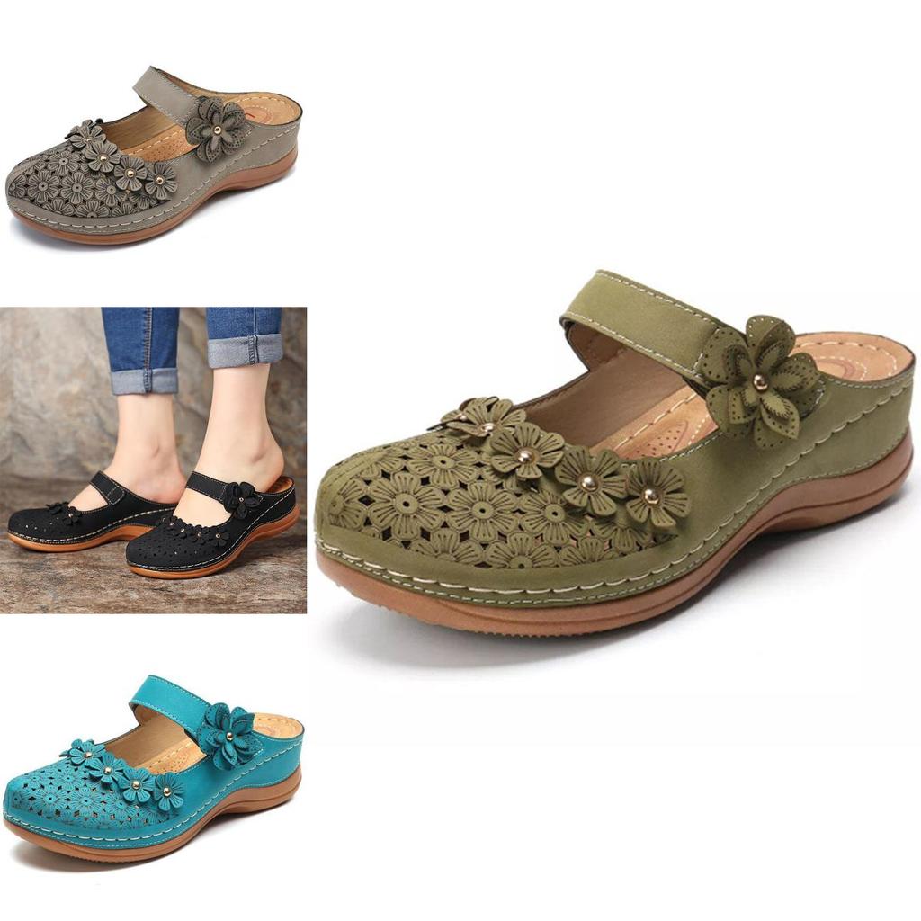 Women Summer Open Toe Floral Beach Walking Slip-on Sandals With Wedge Heel**