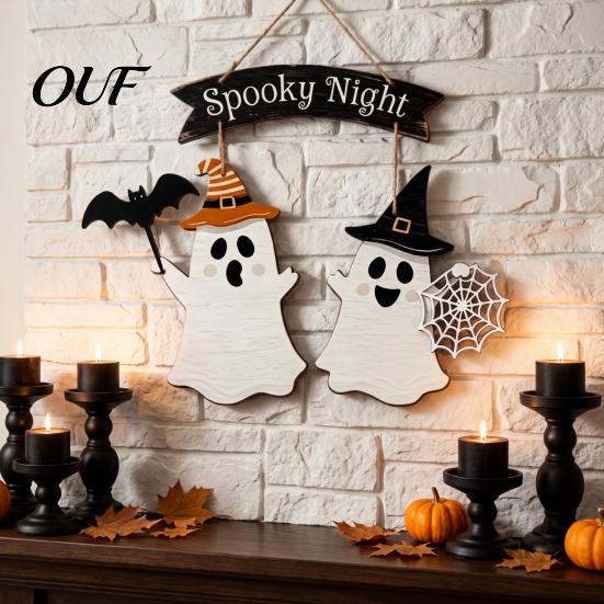 Holiday Wall Decor Halloween Ghost Door Sign with Spider Web & Bat Design, Wooden Front Hanger Hemp Hanging Porch Rope, Spooky Night Decoration