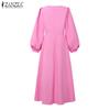 ZANZEA Женское повседневное платье с круглым вырезом, свободное, с длинными рукавами-буфами, однотонное