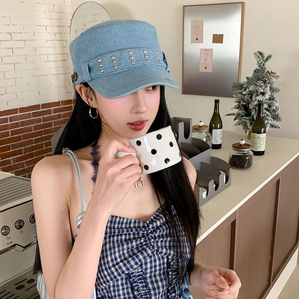 Washed Denim Rivet Denim Beret Cloth Equestrian Hat Personality Denim Octagonal Hat Ladies
