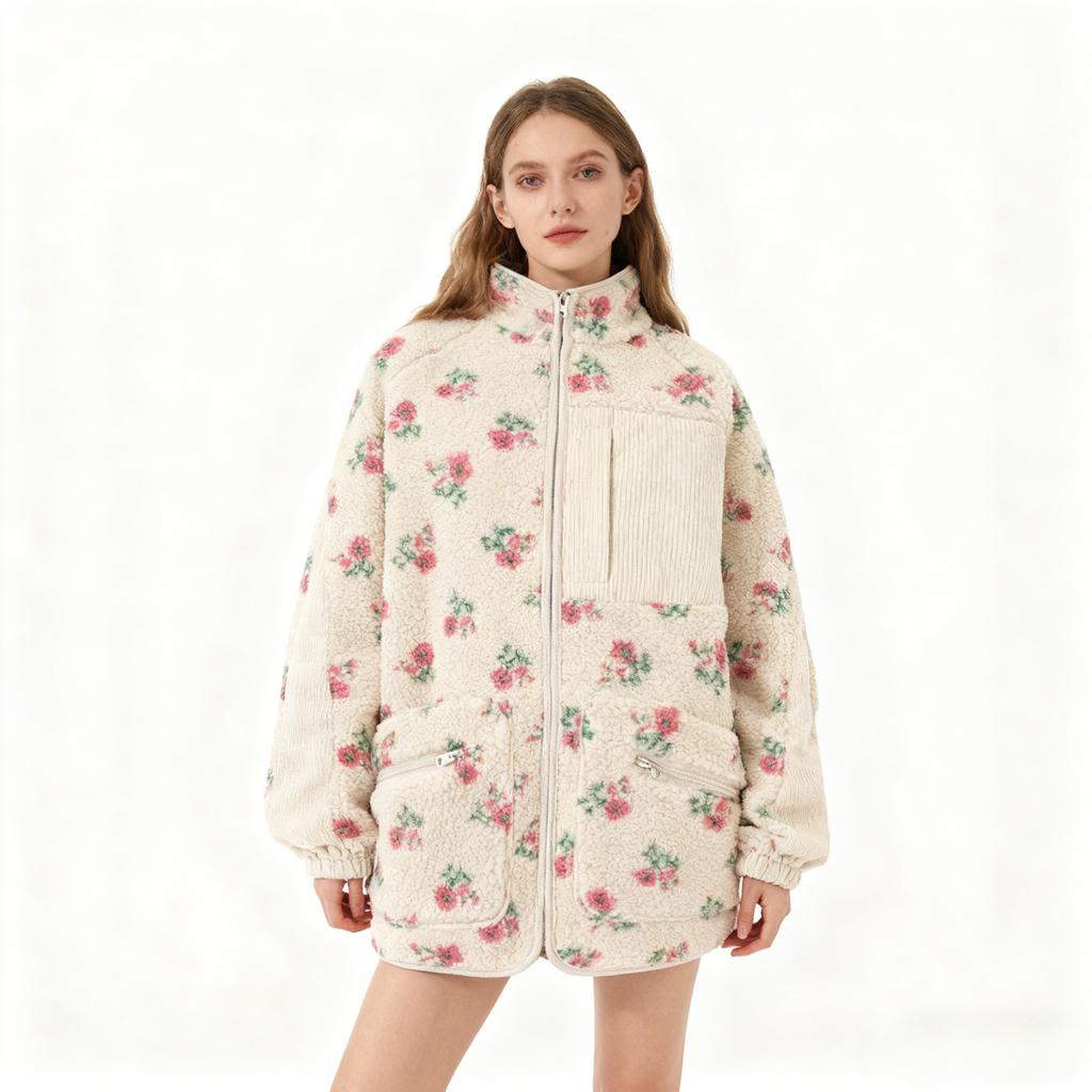 Модная флисовая куртка-свитер из шерсти с цветком, теплая, на молнии, со стойкой, свободного кроя, утолщенная, осенне-зимняя, женская одежда